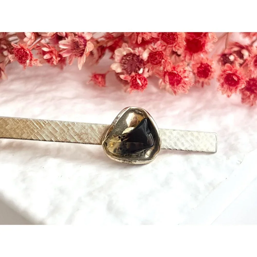 Faux Amber Textured Gold Toned Vintage Men's Tie Bar | Tie Clip